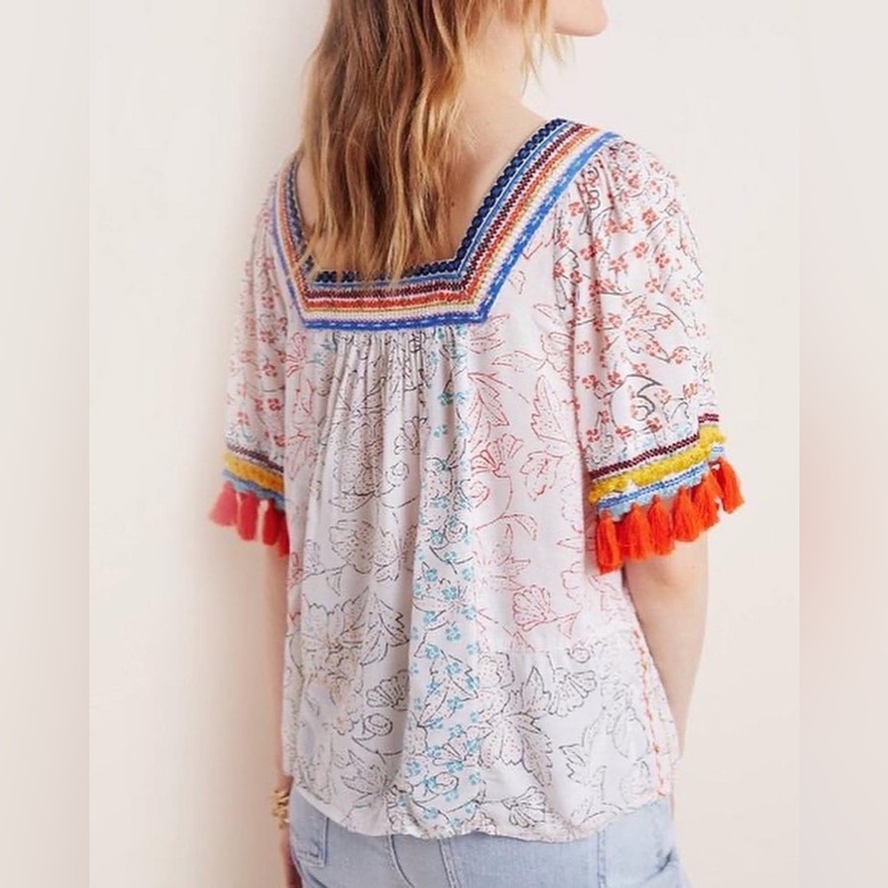 Maeve Anthropologie Paolina Tasseled Blouse Floral Square Neck Womens medium - Picture 3 of 3